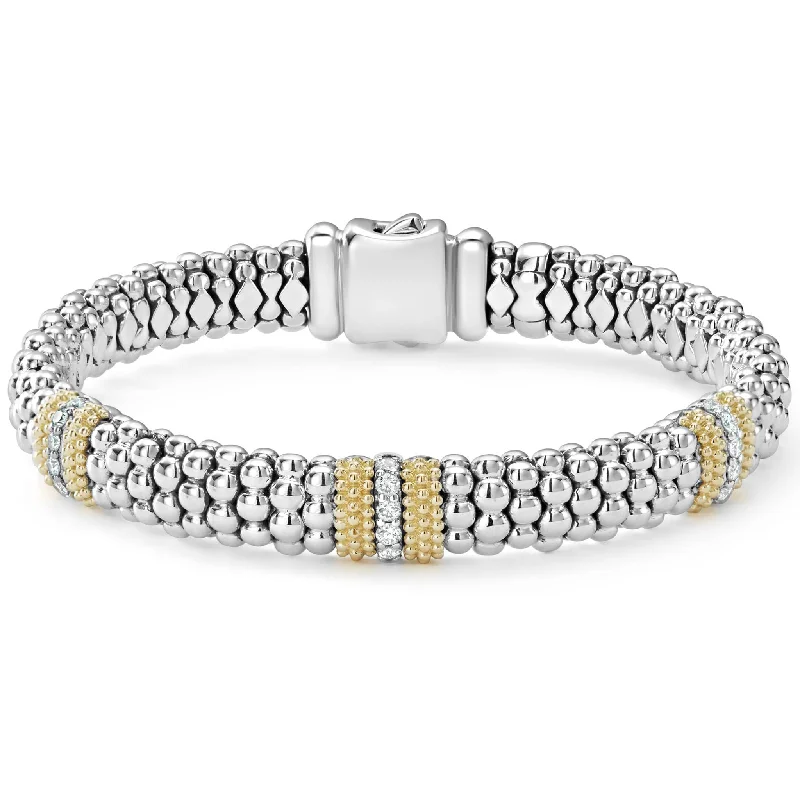 pearl bracelet for brides -Three Station Diamond Caviar Bracelet | 9mm (Size M)