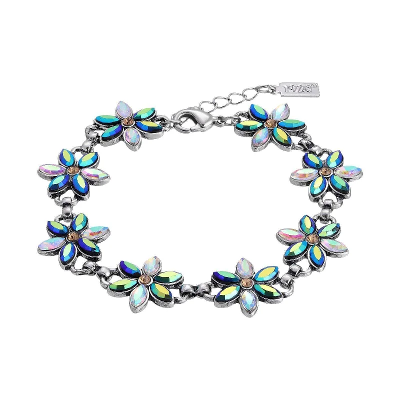 celestial charm bracelet -1928 Jewelry Peacock Plumage Blue Iridescent AB Glass Flower Bracelet