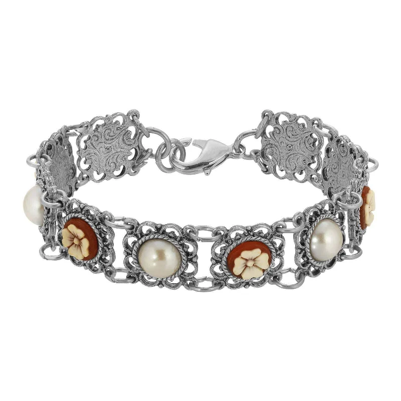 silver charm bracelet for women -1928 Jewelry Floral Link Faux Pearl & Ivory Flower Stone Bracelet