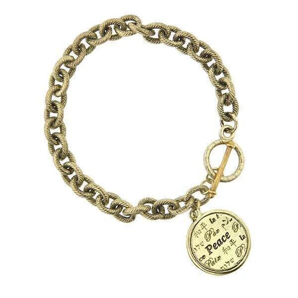 adjustable bead bracelet -1928 Jewelry Gold Multi Language Peace Medallion Textured Link Toggle Bracelet