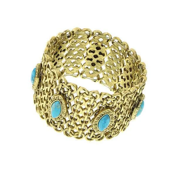 silver beaded bracelet -1928 Jewelry Turquoise Color Stone Wide Mesh Bracelet