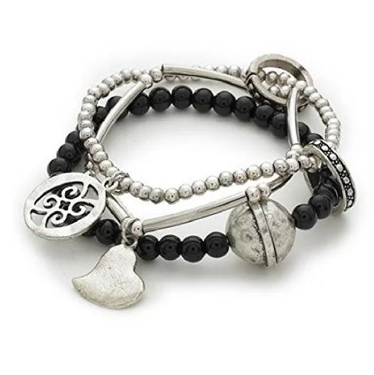 adjustable leather bracelet for men -Black & Silver Tone 'Capture My Heart' Stretch Charm and Bead Bracelet