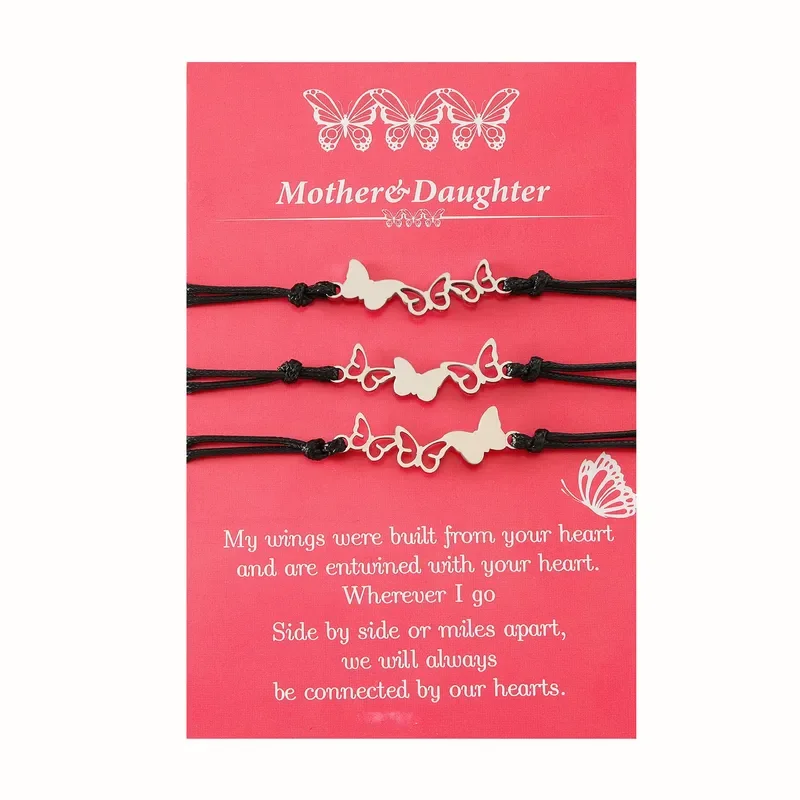 adjustable wire bracelet -Adjustable Set of 3  Mother and Daughters Butterfly Wish Bracelets with Presentation Card