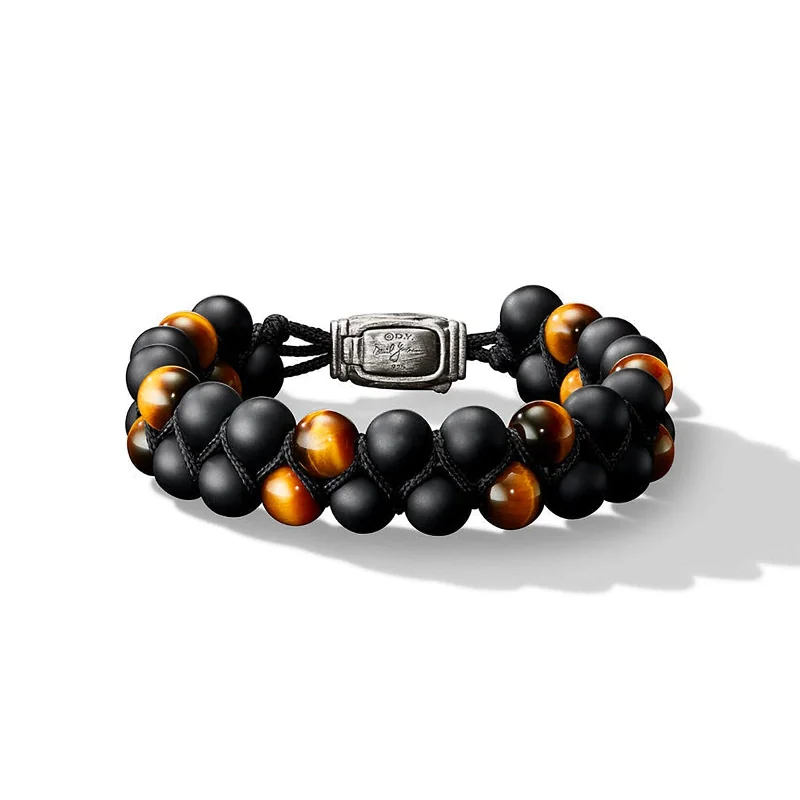 lucky charm bracelet -Woven Double Row Spiritual Bead Bracelet in Black Onyx & Tiger's Eye