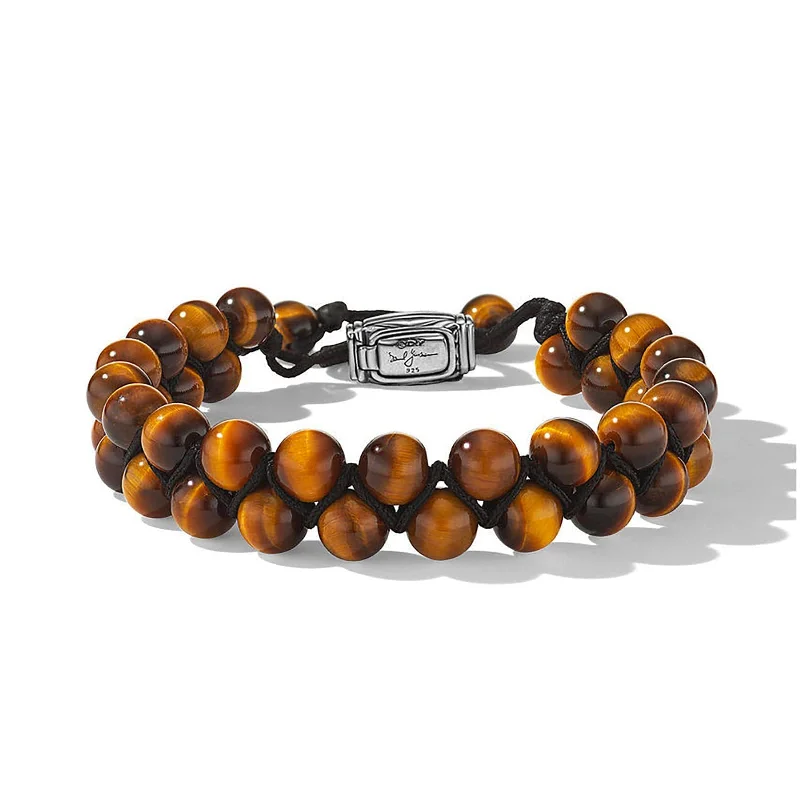 silver beaded bracelet -Woven Double Row Spiritual Bead Bracelet in Tiger's Eye