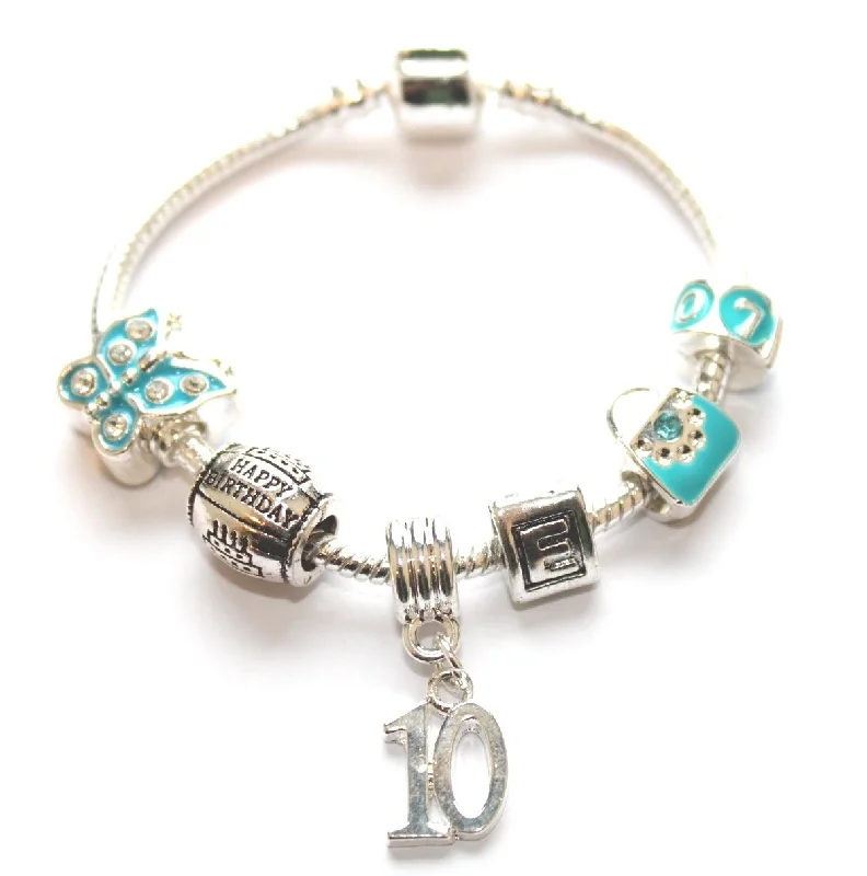 clasp bracelet with charms -Children's Blue 'Happy 10th Birthday' Silver Plated Charm Bead Bracelet