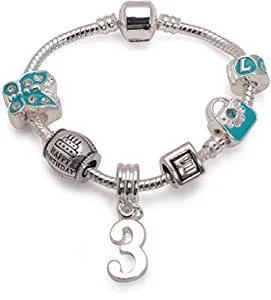 silver charm bracelet for women -Children's Blue 'Happy 3rd Birthday' Silver Plated Charm Bead Bracelet