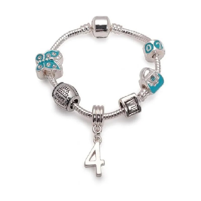 personalized engraved cuff bracelet -Children's Blue 'Happy 4th Birthday' Silver Plated Charm Bead Bracelet