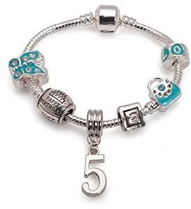 minimalist cuff bracelet -Children's Blue 'Happy 5th Birthday' Silver Plated Charm Bead Bracelet