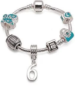 silver bangle bracelet for women -Children's Blue 'Happy 6th Birthday' Silver Plated Charm Bead Bracelet