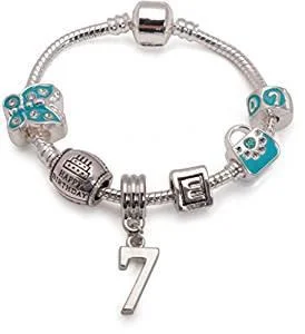 gemstone beaded bracelet -Children's Blue 'Happy 7th Birthday' Silver Plated Charm Bead Bracelet