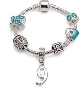 infinity symbol bracelet -Children's Blue 'Happy 9th Birthday' Silver Plated Charm Bead Bracelet