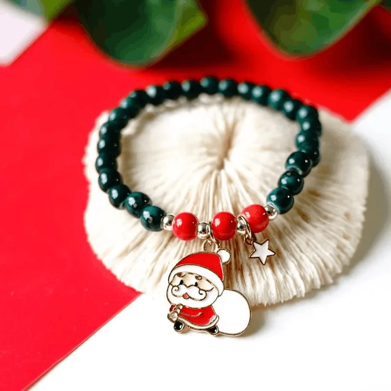 black leather bracelet for men -Children's 'Christmas Santa with Sack' Stretch Bead Bracelet