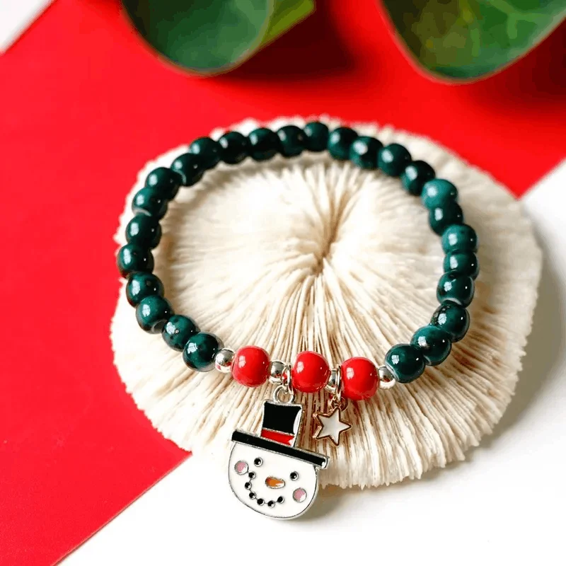 men’s braided leather bracelet -Children's 'Christmas Smiling Snowman' Stretch Bead Bracelet