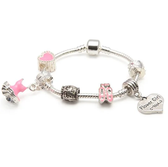 engraved bracelet for men -Children's Flower Girl 'Love To Dance' Silver Plated Charm Bead Bracelet