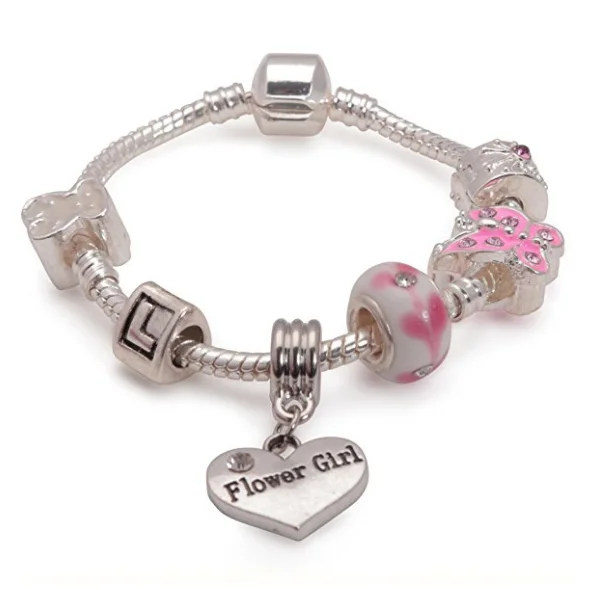 personalized leather bracelet -Children's Flower Girl 'Pink Butterfly' Silver Plated Charm Bead Bracelet