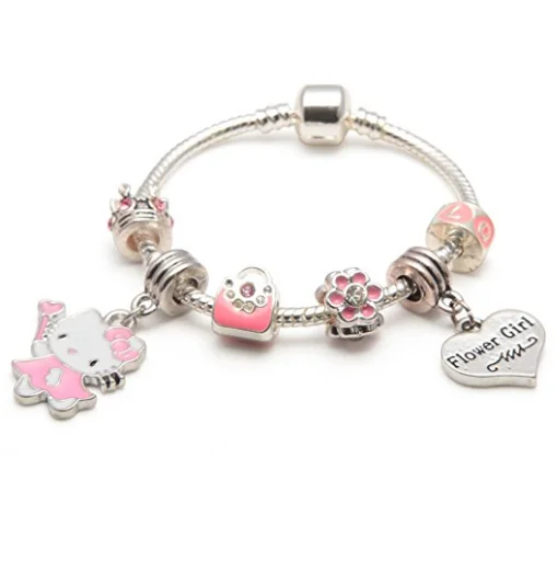 beaded friendship bracelet -Children's Flower Girl 'Pink Kitty Cat Glamour' Silver Plated Charm Bead Bracelet