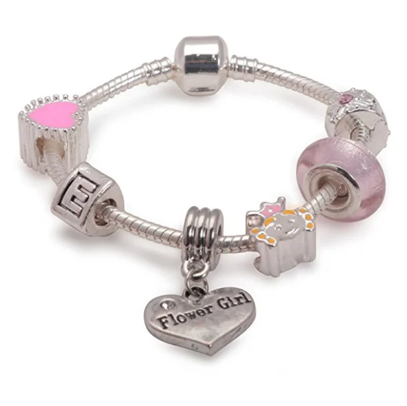 simple minimalist bracelet -Children's Flower Girl 'Pink Princess' Silver Plated Charm Bead Bracelet