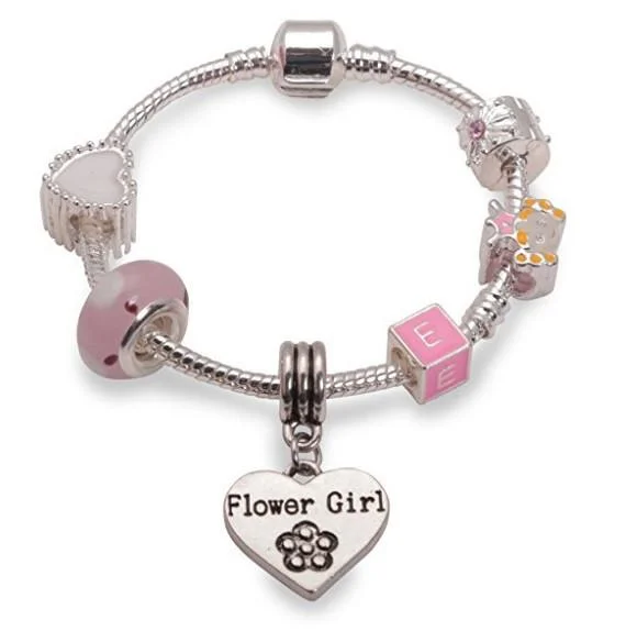 custom initial bracelet -Children's Flower Girl 'Pink Sweetie' Silver Plated Charm Bead Bracelet