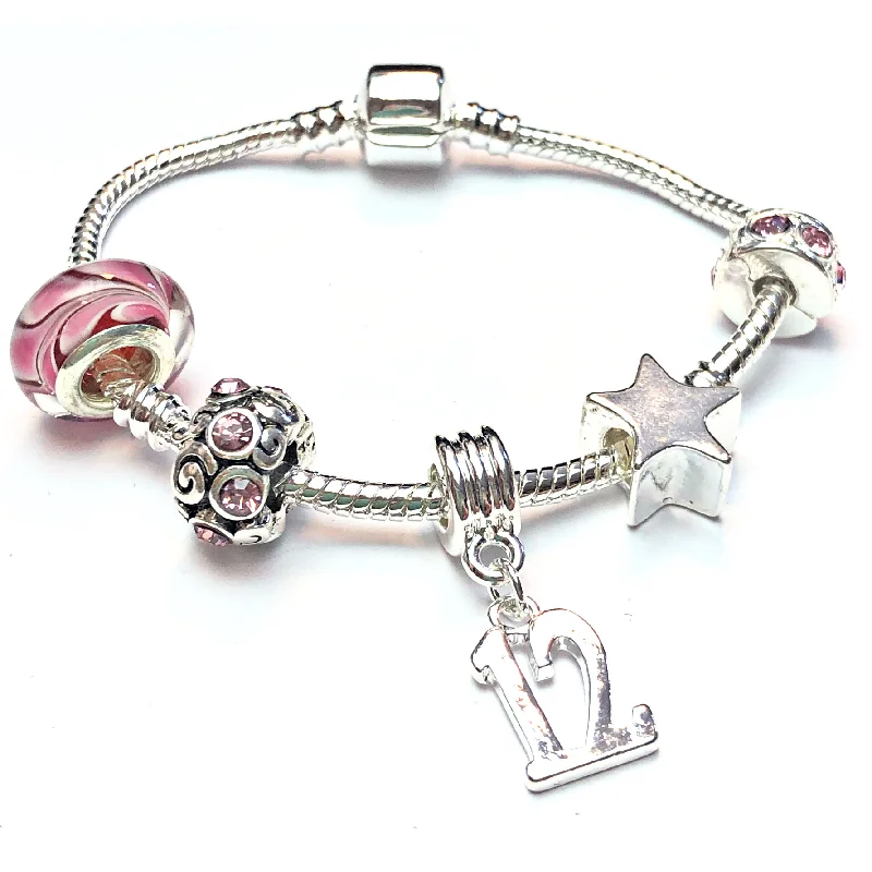 rainbow gemstone bracelet -Children's 'Pink Crystal Happy 12th Birthday' Silver Plated Charm Bead Bracelet