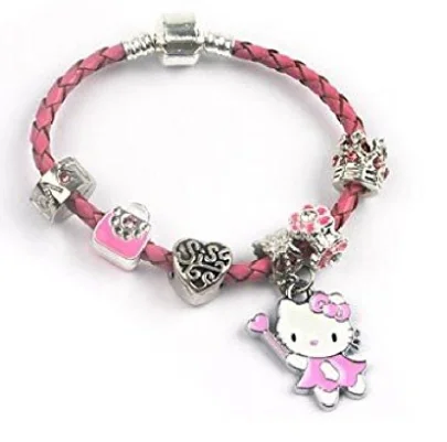 custom coordinates charm bracelet -Children's Sis 'Pink Kitty Cat Glamour' Pink Braided Leather Charm Bead Bracelet