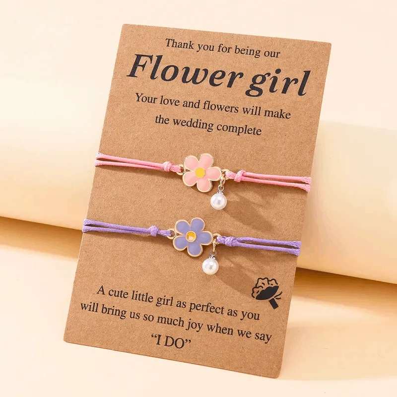 simple minimalist bracelet -Children's 'Two Adjustable Flower Girl  Wish Bracelets/ Friendship Bracelets' with Presentation Card - Pink and Purple