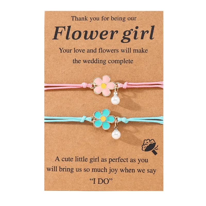 black onyx bracelet -Children's 'Two Adjustable Flower Girl  Wish Bracelets/ Friendship Bracelets' with Presentation Card - Pink and Turquoise Blue