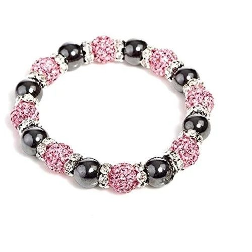 silver beaded bracelet -Designer Inspired 'Mayfair Starlet' Pink Czech Crystal and Haematite Stretch Bracelet. SIZE MEDIUM.