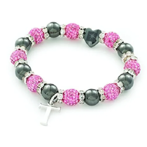 engraved couple’s bracelet -Designer Inspired 'Mayfair Starlet' Pink Czech Crystal and Haematite Stretch Bracelet