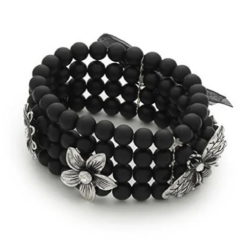 pearl bracelet for brides -Designer Inspired 'Midnight Fleur' Black & Silver Diamante Flower & Dragonfly Stretch Bracelet