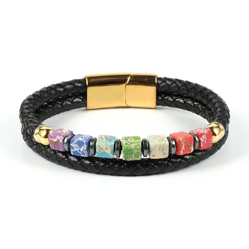 diamond tennis bracelet -Double-Strand Leather Stainless Colorful Jasper 7 Chakras Bracelet