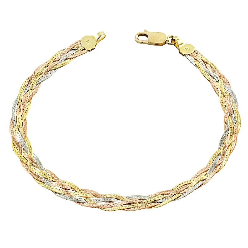 silver charm bracelet for women -Fremada 10 Karat Tricolor Gold 5-strand Braided Herringbone Bracelet (7.5 inch)