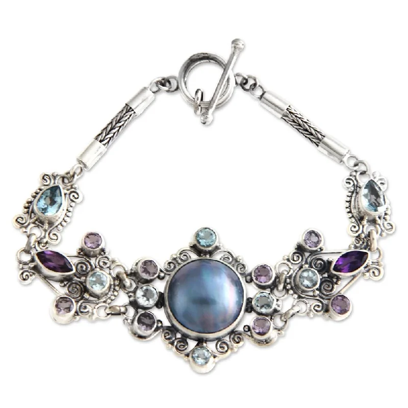 multi-strand bracelet for women -Goddess Petals Handmade Vintage Women's Sterling Silver Pearl Purple Amethyst Blue Topaz Gemstone Jewelry Bracelet (Indonesia)