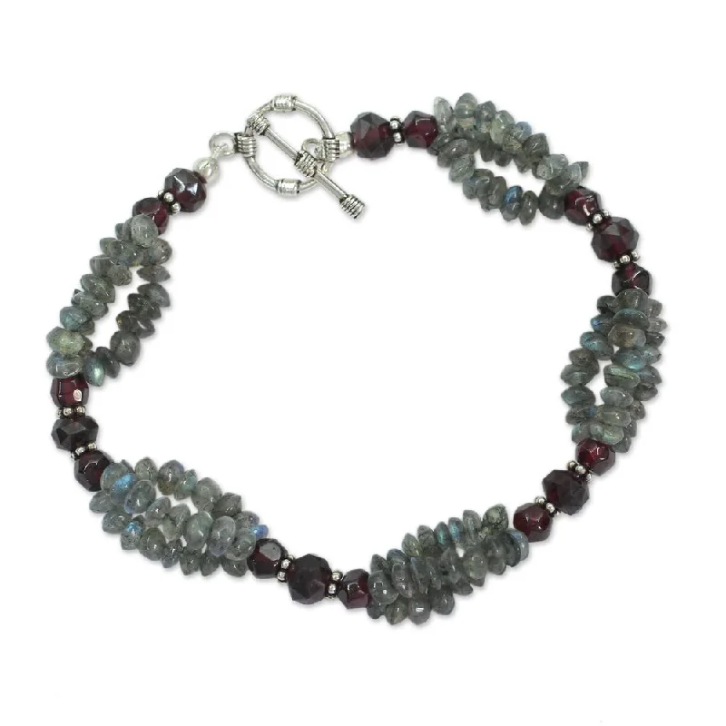 engraved silver bracelet -Handmade Labradorite and Garnet Beaded Bracelet, 'Evening Mist' (India)