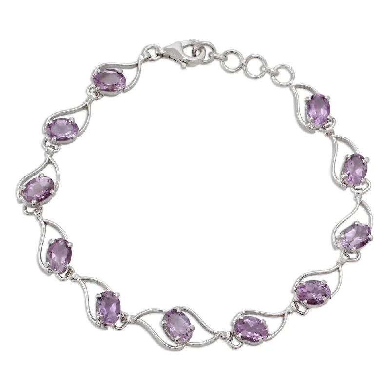 men’s braided leather bracelet -Handmade Sterling Silver Amethyst Link Bracelet, 'Lilac Waves' (India)