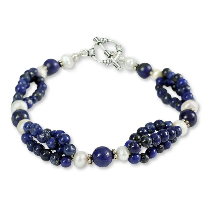 layered chain bracelet -Handmade Sterling Silver 'Gulmohar Lady' Lapis Pearl Bracelet (5 mm) (India)