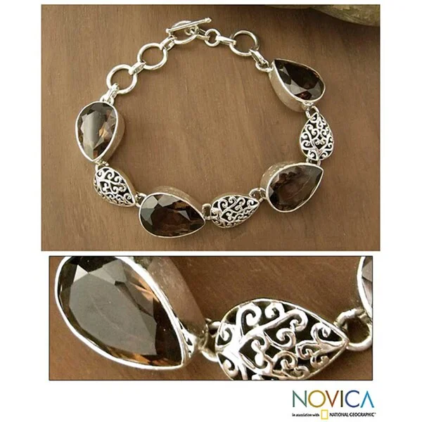 lucky charm bracelet -Handmade Sterling Silver 'Tears of Joy' Smoky Quartz Bracelet (India)