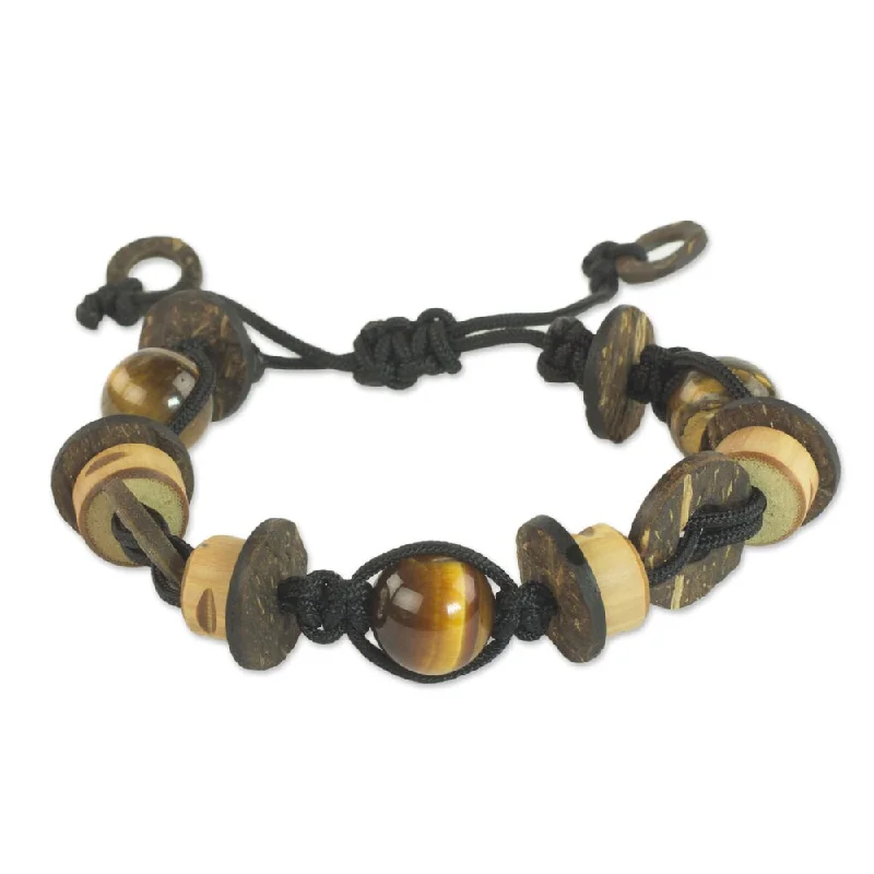 personalized coordinates bracelet -Handmade Tiger's Eye and Wood Beaded Bracelet, 'Viva' (Ghana)