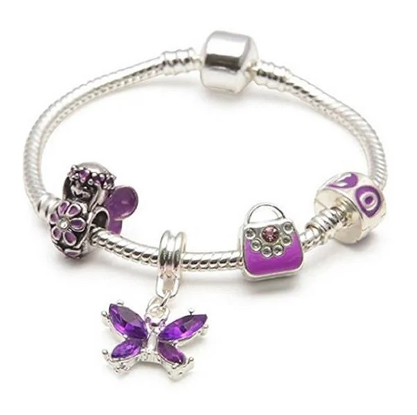 custom initial bracelet -Children's 'Purple Fairy And Butterflies' Silver Plated Charm Bead Bracelet