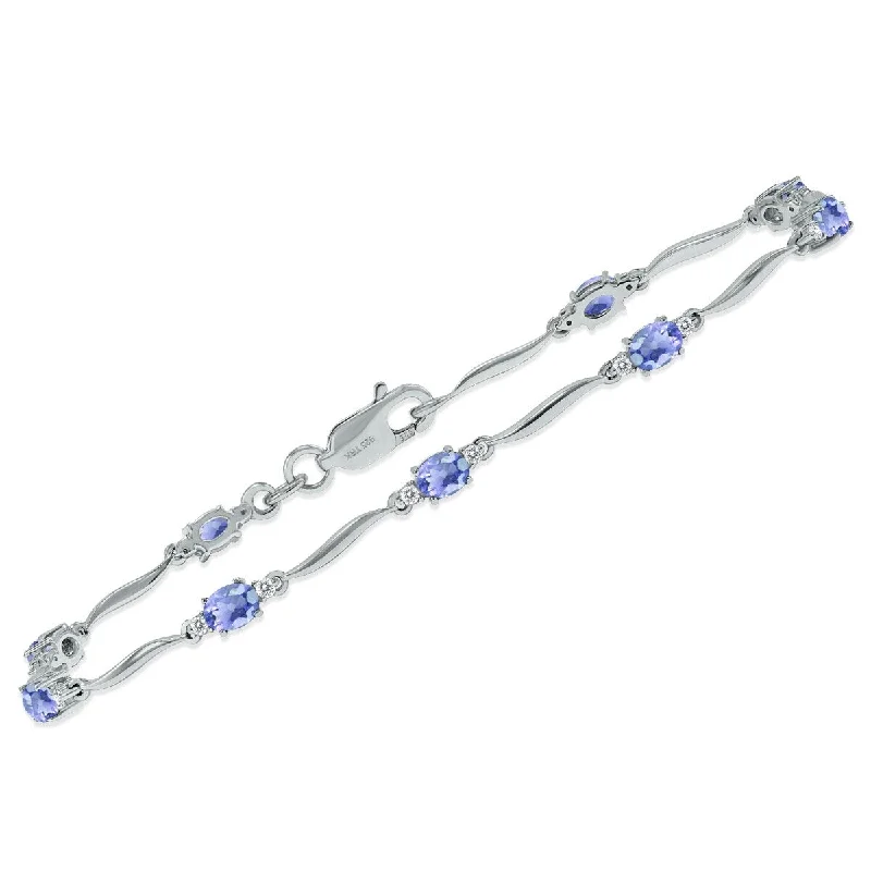 personalized leather bracelet -Marquee Tanzanite and Diamond Wave Link Bracelet in .925 Sterling Silver