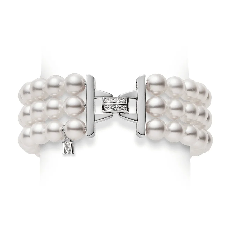 sterling silver bangle -Akoya Cultured Pearl and Diamond Triple Strand Bracelet