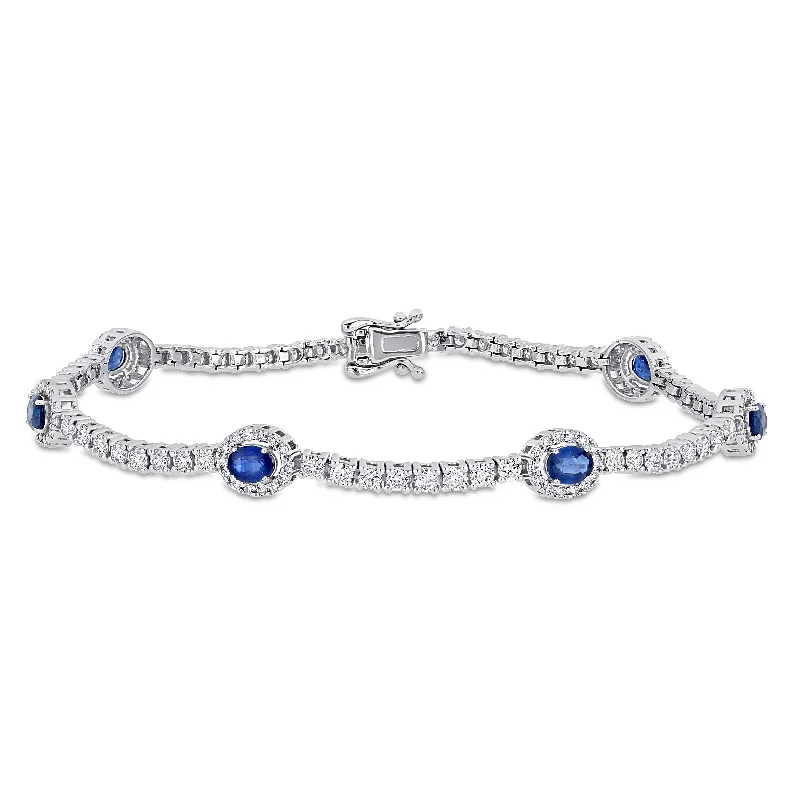 celestial charm bracelet -Miadora 14k White Gold 2 1/10ct TDW Diamond and Oval Sapphire Halo Station Tennis Bracelet