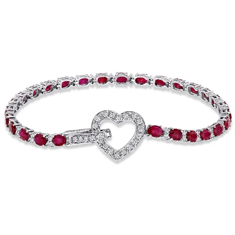 gold chain bracelet -Miadora 18k White Gold Oval Ruby and 3/4ct TDW Diamond Heart Enhancer Tennis Bracelet