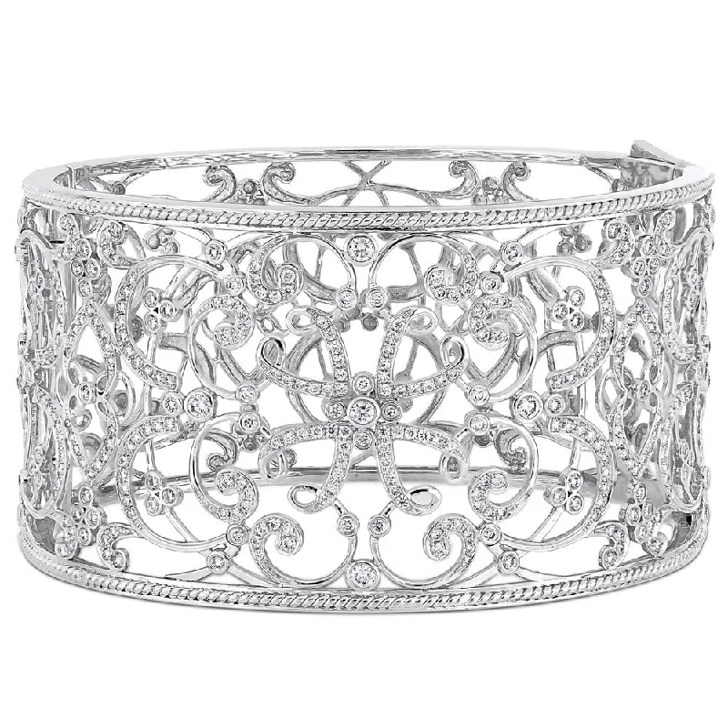 boho style bracelet with tassels -Miadora Signature Collection 14k White Gold 3-1/4ct TDW Diamond Filigree Openwork Cuff Bracelet