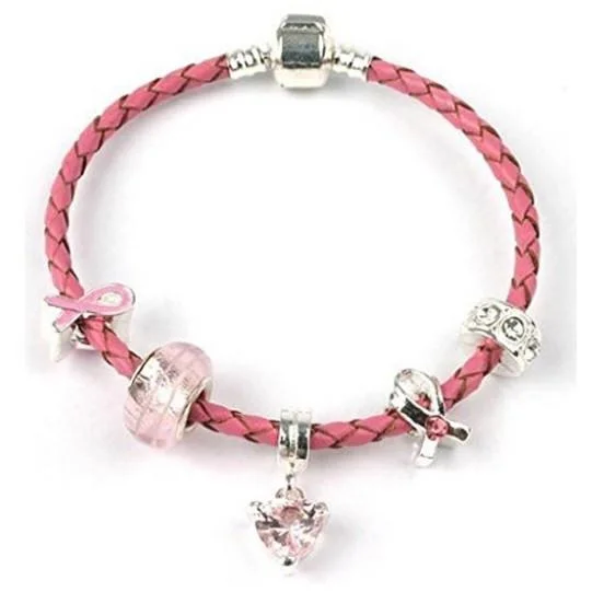 braided hemp bracelet -Pink 'Breast Cancer Awareness' Leather Charm Bead Bracelet With Silver Plated Clasp