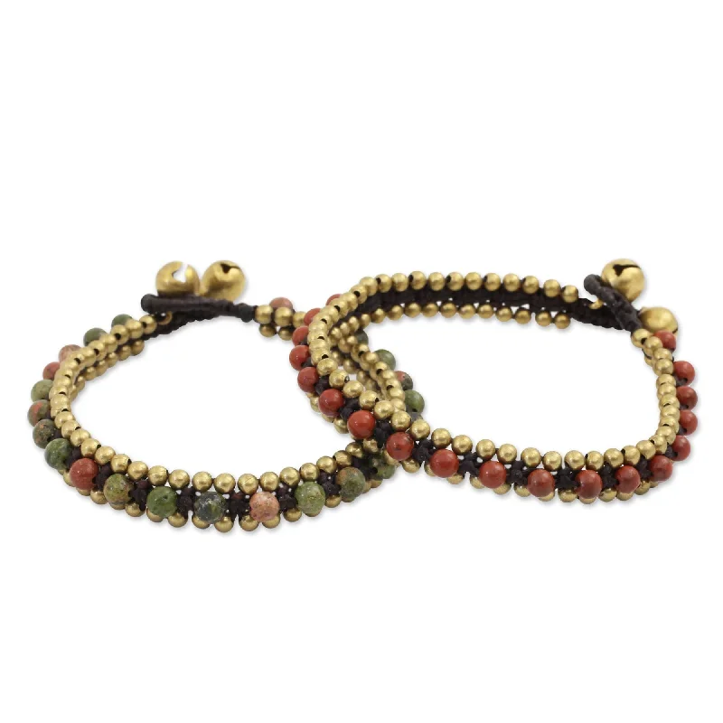 handmade braided bracelet -Set of 2 Brass Happy Times Unakite Jasper Bracelets (Thailand)