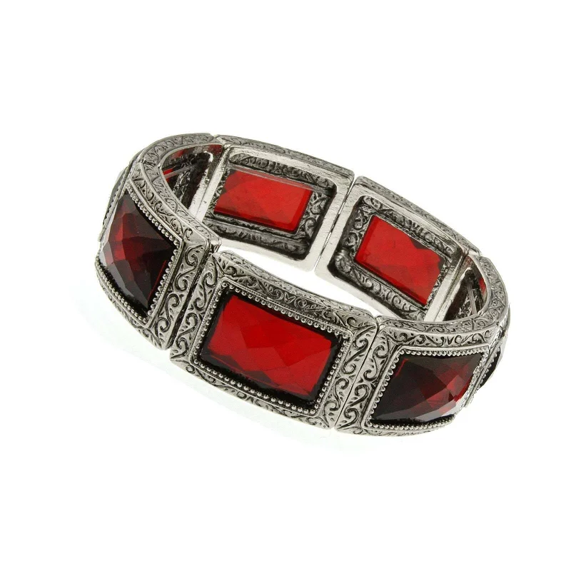 adjustable leather cuff bracelet -2028 Jewelry Red Rectangle Stone Stretch Bracelet