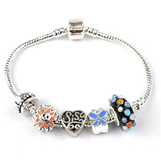 personalized engraved cuff bracelet -Adult's Sister 'Jazz It Up' Silver Plated Charm Bead Bracelet