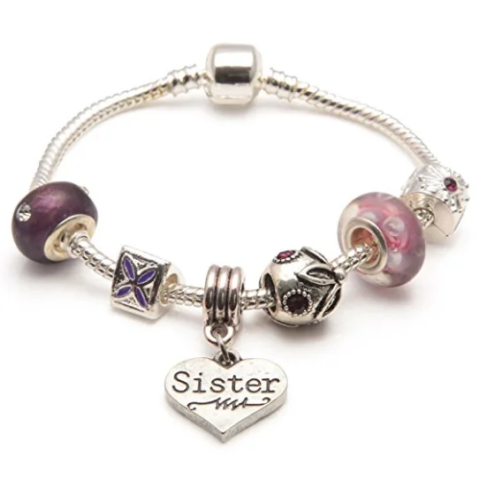 bohemian style beaded bracelet -Adult's Sister 'Purple Haze' Silver Plated Charm Bead Bracelet