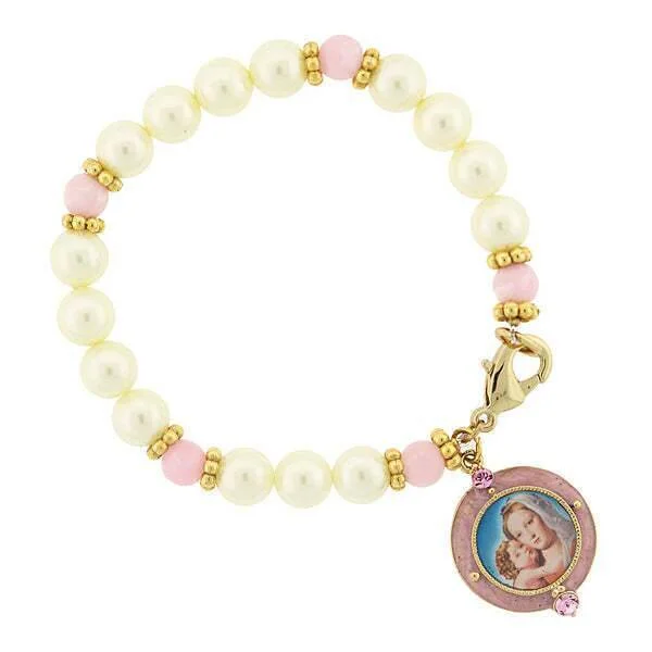 matching couple’s bracelets -Symbols Of Faith Faux Pearl Pink Bead Crystal Accent Mary And Child Charm Bracelet